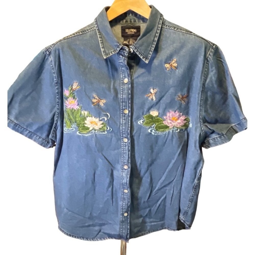 Solutions Original Floral Embroidered Short Sleeve Button Up Denim Top Sz XL